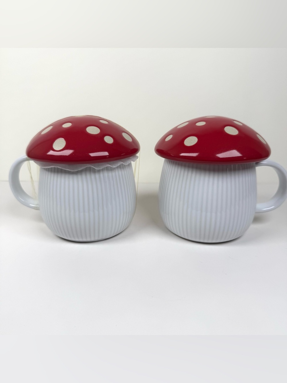 World Market Red Spotted Lidded Mushroom Ceramic Coffee Tea Mugs Set of Two